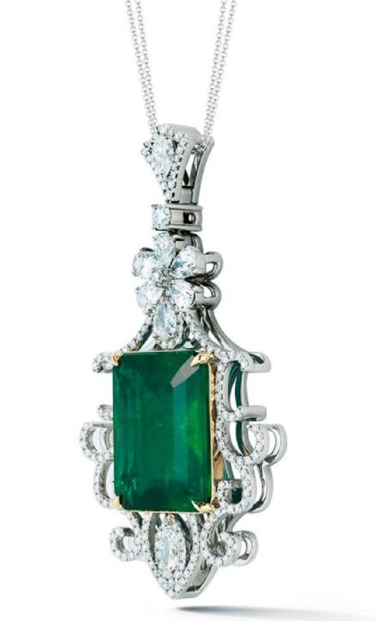 Octagon Cut Emerald and Diamond Pendant For Sale