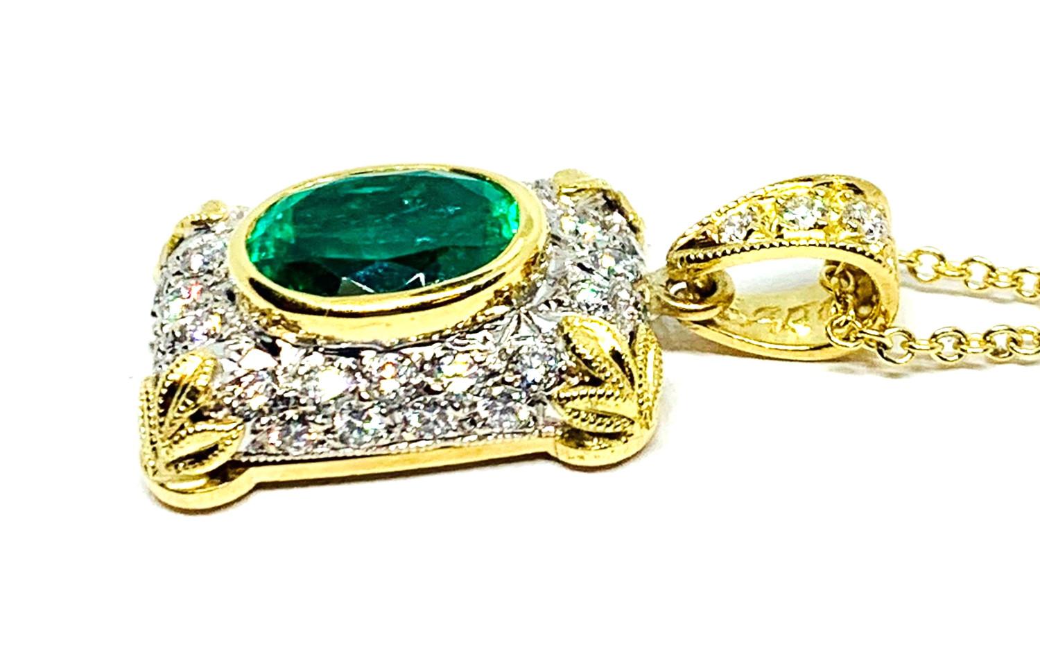 Oval Cut Emerald Oval & Diamond Pave 18k White Gold, Yellow Bezel Rectangular Pendant 