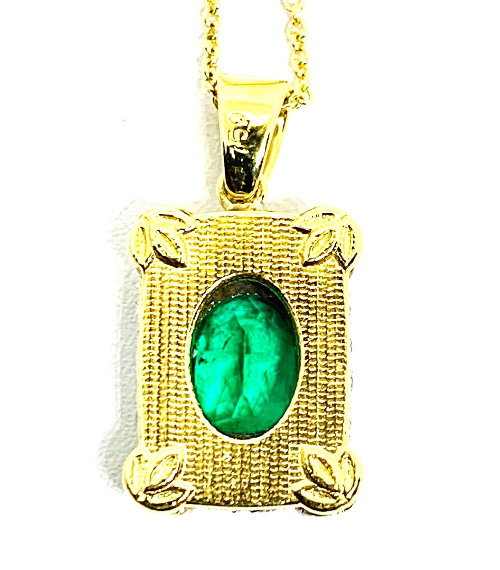 Artisan Emerald Oval & Diamond Pave 18k White Gold, Yellow Bezel Rectangular Pendant 