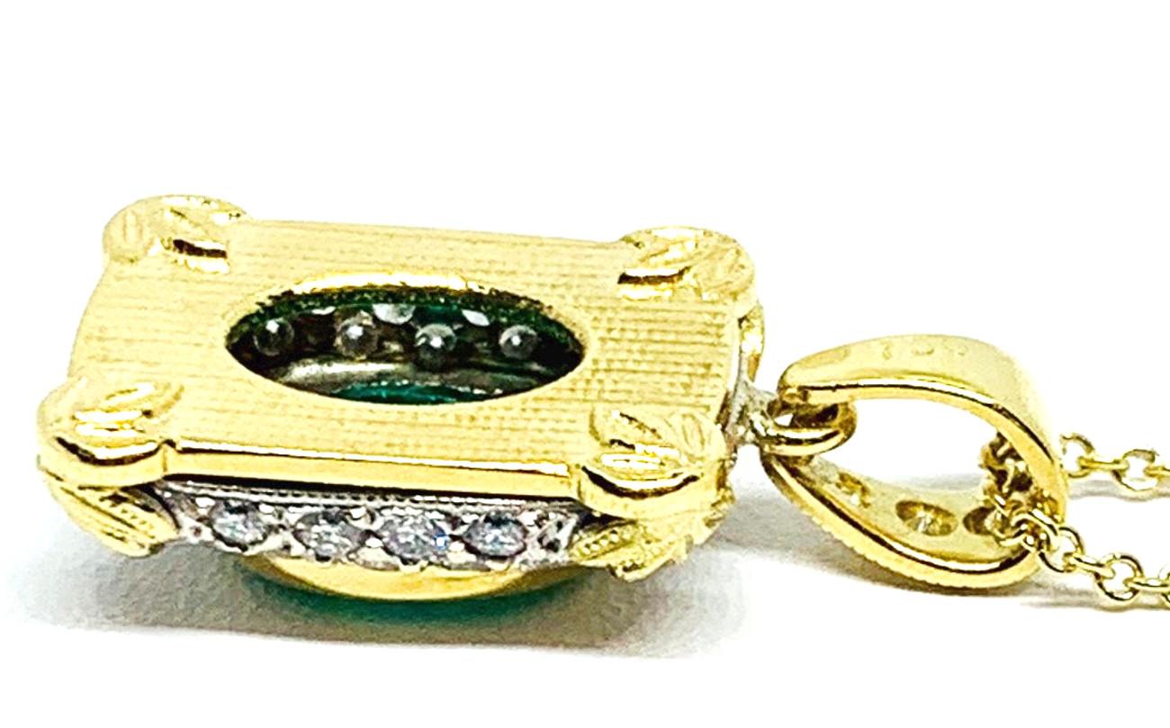 Emerald Oval & Diamond Pave 18k White Gold, Yellow Bezel Rectangular Pendant  In New Condition In Los Angeles, CA