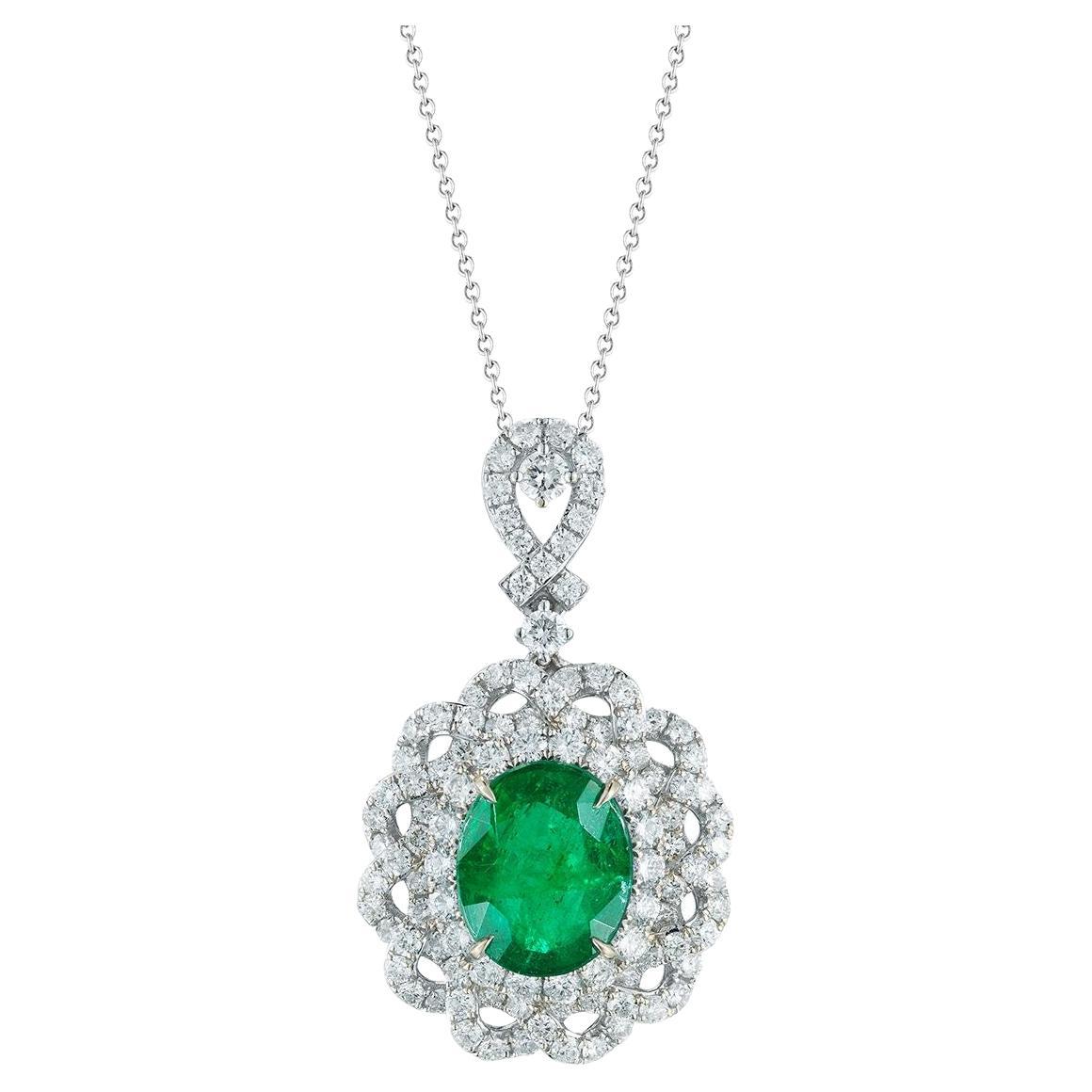 18k White Gold 3.64ct Emerald and 2.0ct Diamond Pendant For Sale