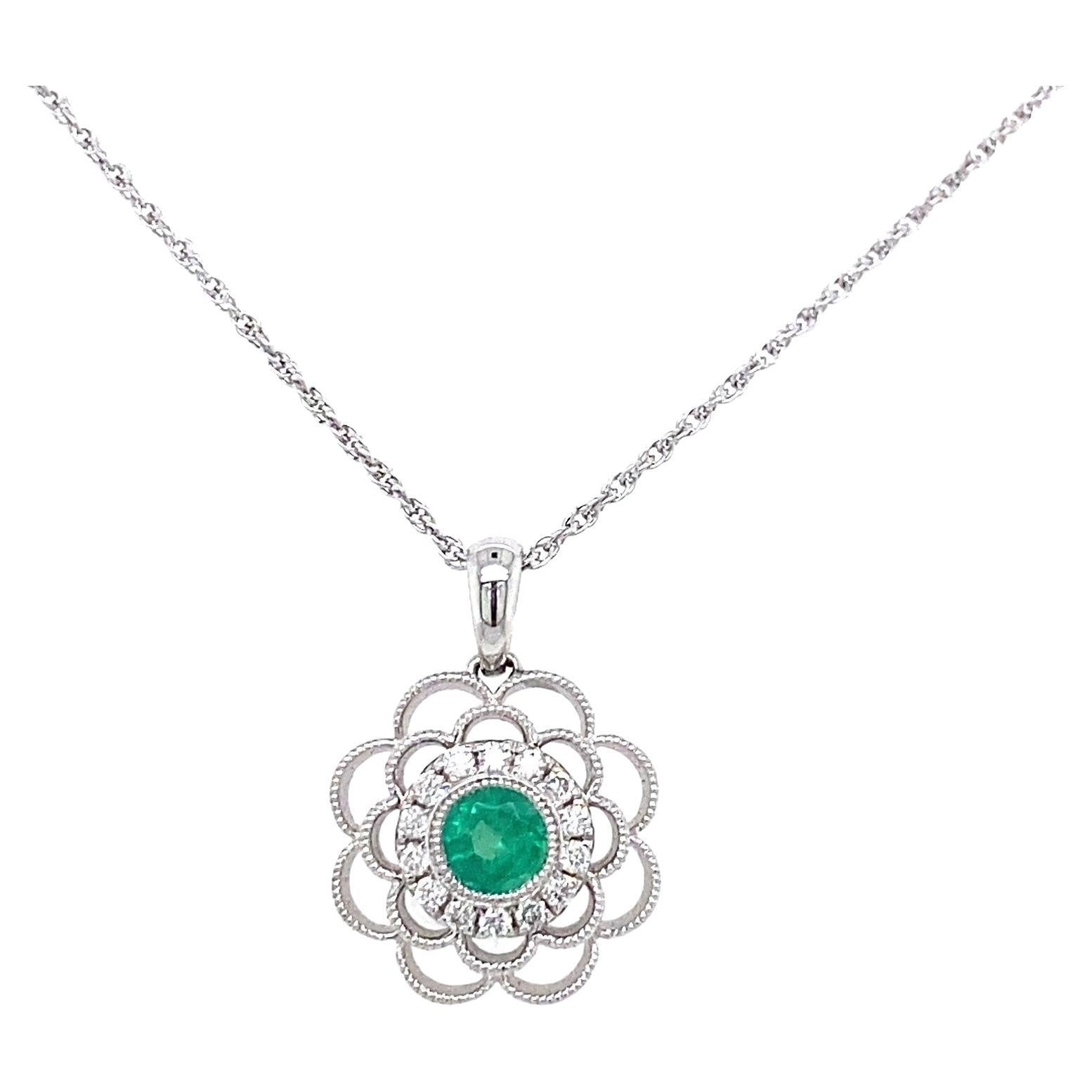 Emerald and Diamond Pendant in 14K White Gold