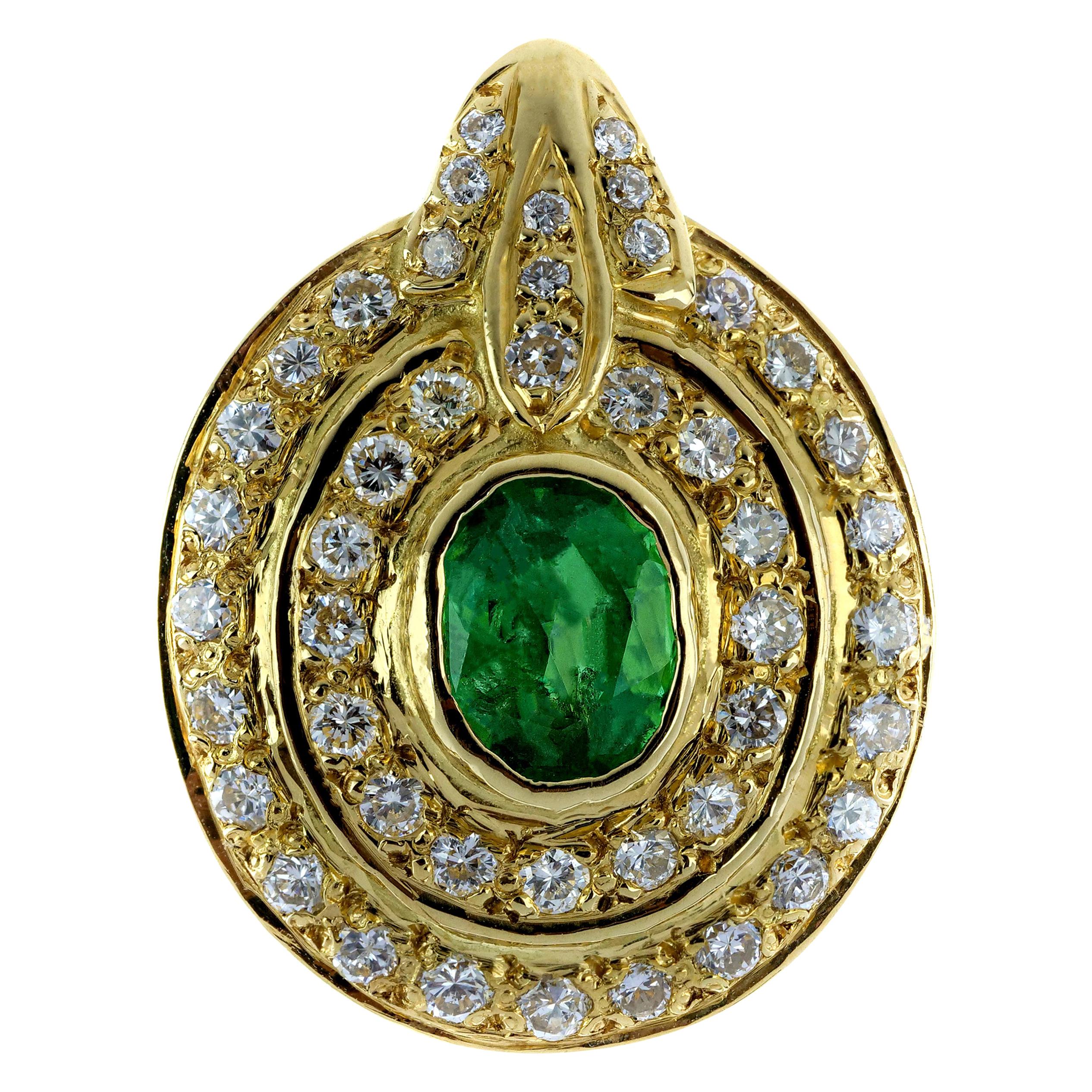 Emerald and Diamond Oval Cluster Pendant in 18 Carat Yellow Gold