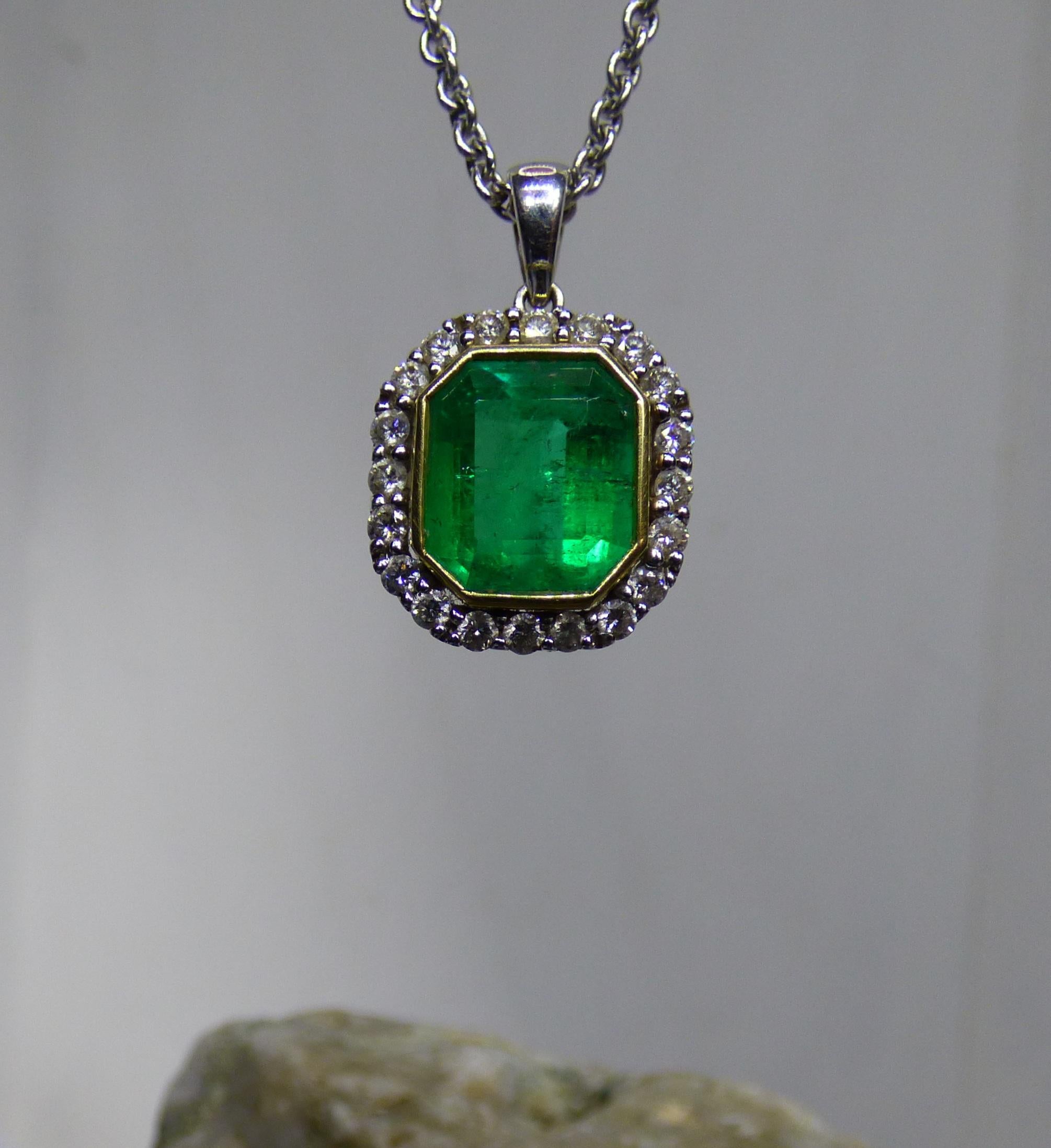 Emerald Cut Emerald and Diamond Pendant in 18K Gold For Sale