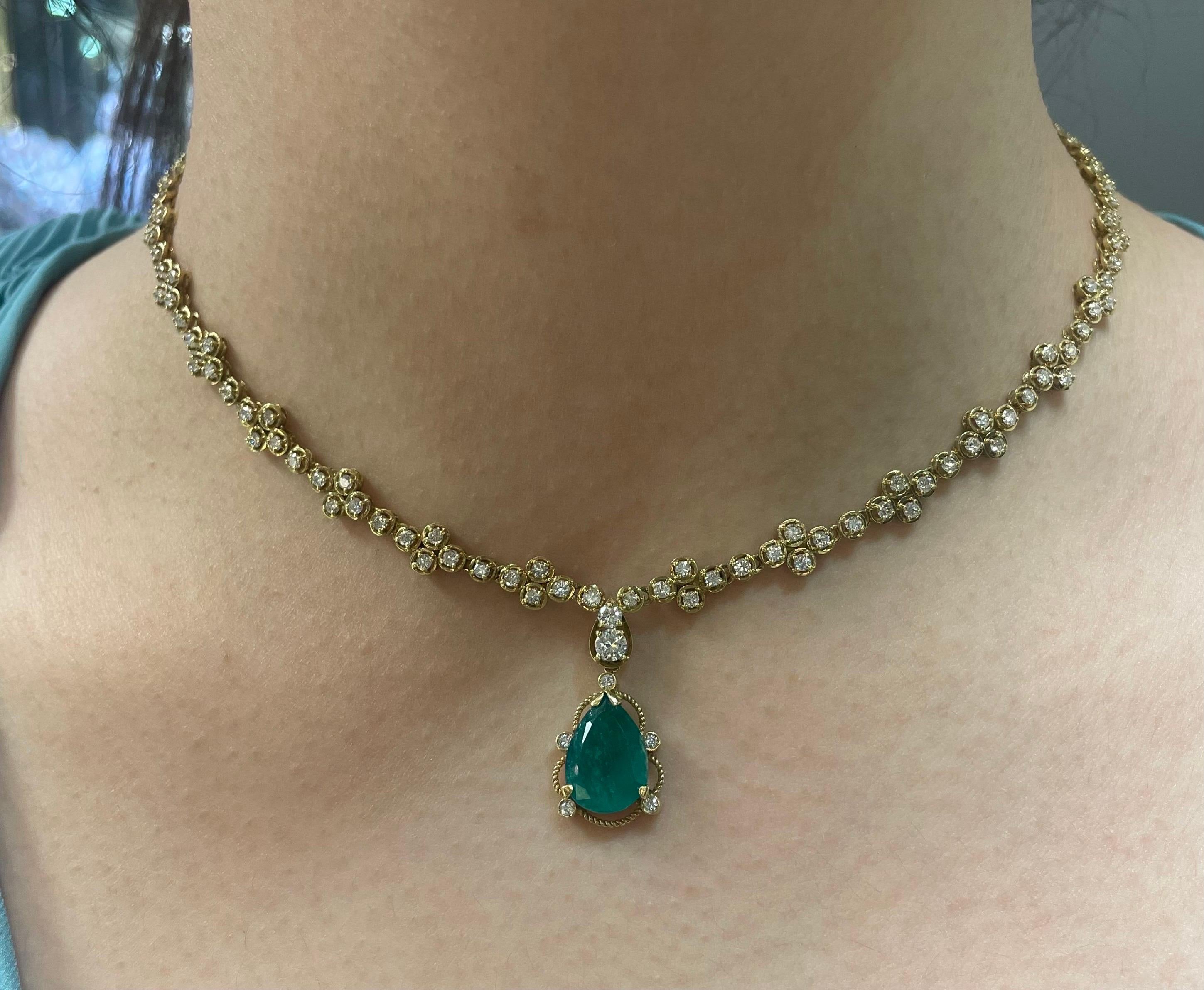 Emerald and Diamond Pendant Necklace

A necklace adorned with round-cut diamonds and a pear-shaped emerald drop. 

Approximate Emerald Weight: 3 carats

Approximate Measurements: 
Chain Length: 16