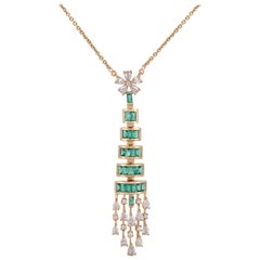 Emerald and Diamond Pendant Necklace Studded in 18 Karat Yellow Gold