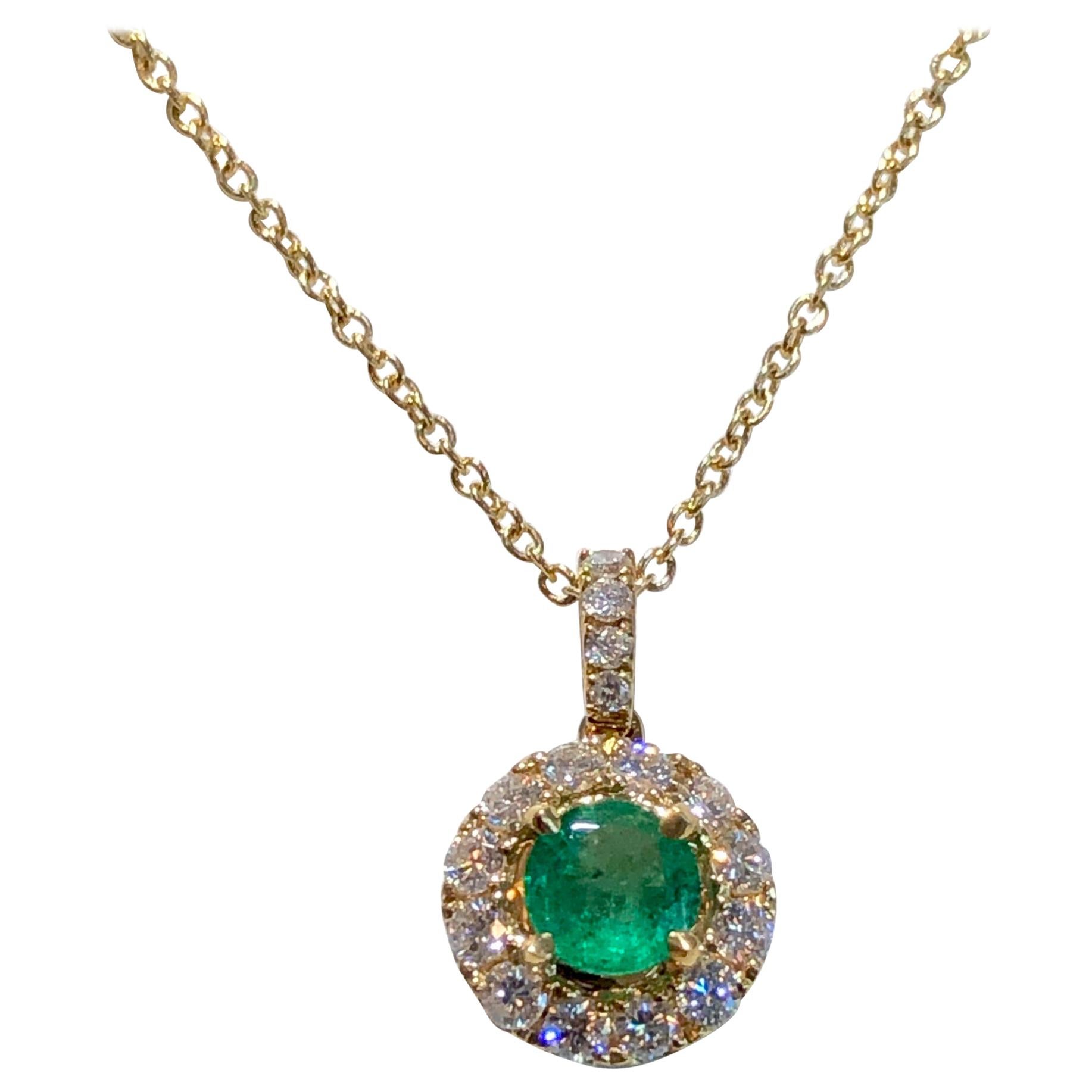 Emerald and Diamond Pendant Necklace Yellow Gold For Sale