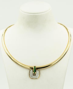 Emerald and Diamond Pendant on Gold Omega Necklace