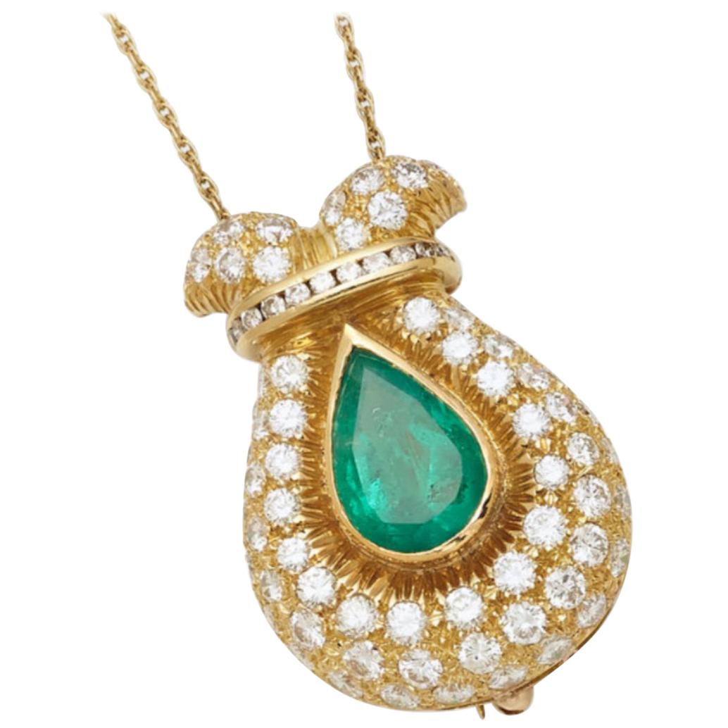 Emerald and Diamond Pendant or Brooch on Chain