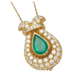 Vintage Emerald and Diamond Pendant or Brooch on Chain