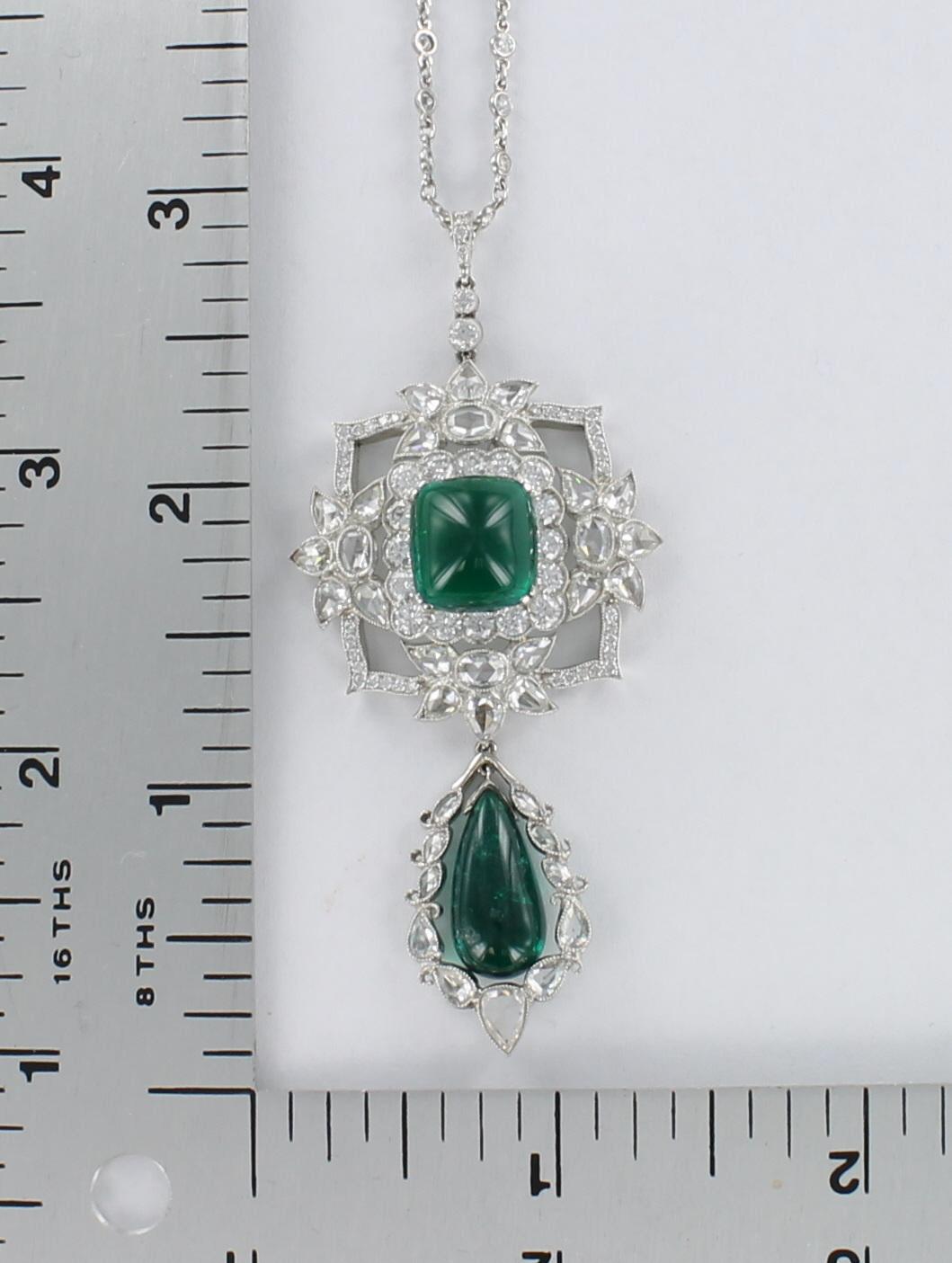 Cushion Cut Emerald and Diamond Pendant Set in Platinum For Sale