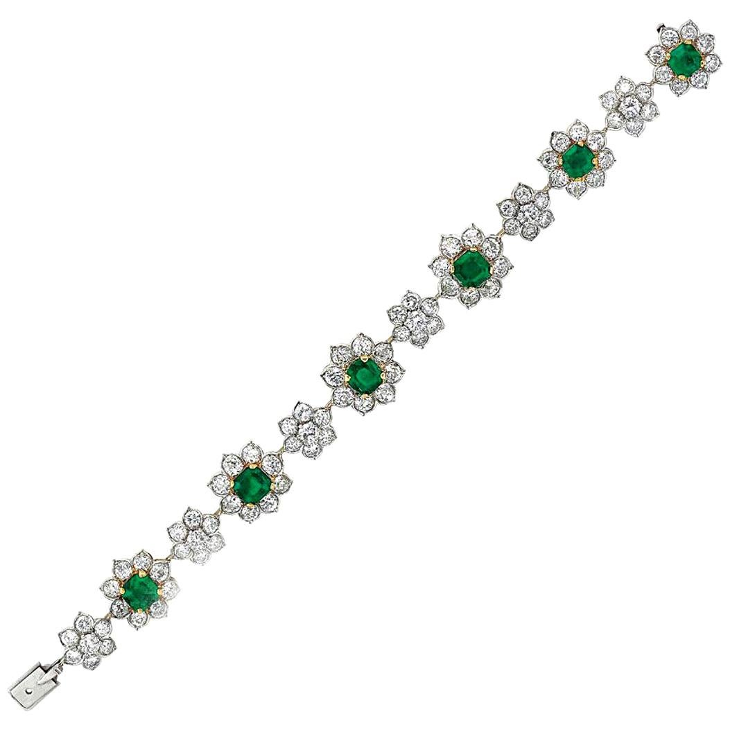 Emerald and Diamond Platinum and 18 Karat Gold Flower Bracelet