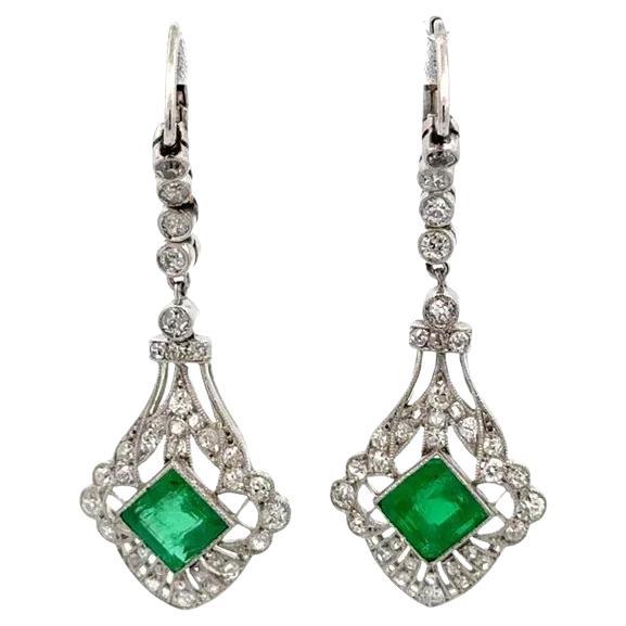 Emerald and Diamond Platinum Art Deco Style Statement Drop Earrings