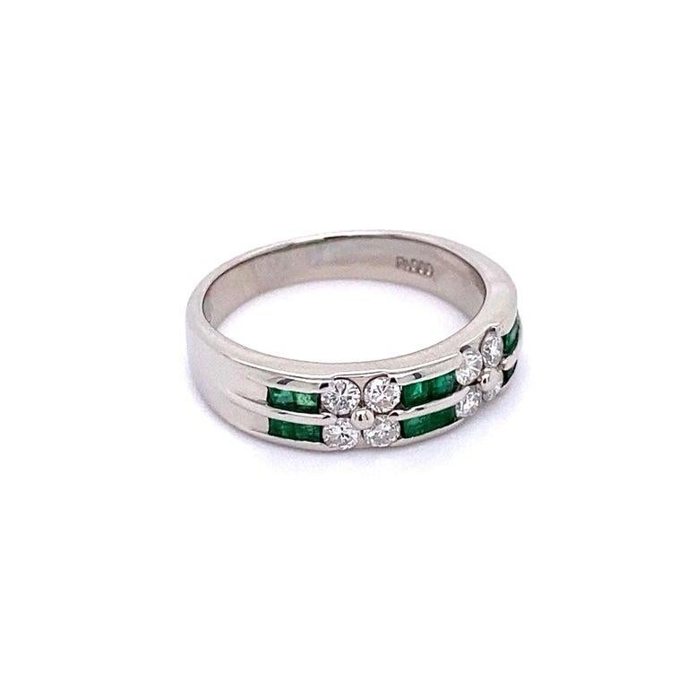 Modern Emerald and Diamond Platinum Cocktail Band Ring Estate Fine Jewelry For Sale