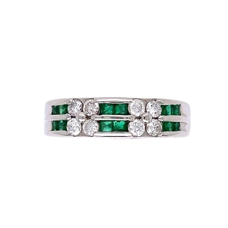 Emerald and Diamond Platinum Cocktail Band Ring Estate Fine Jewelry For Sale 2
