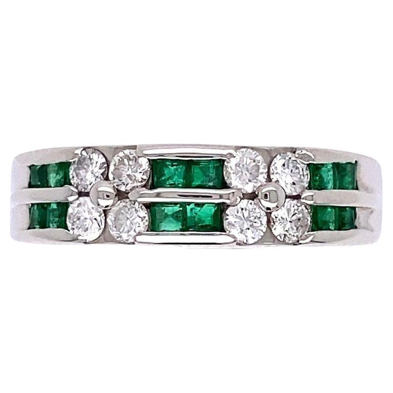 Emerald and Diamond Platinum Cocktail Band Ring Estate Fine Jewelry For Sale