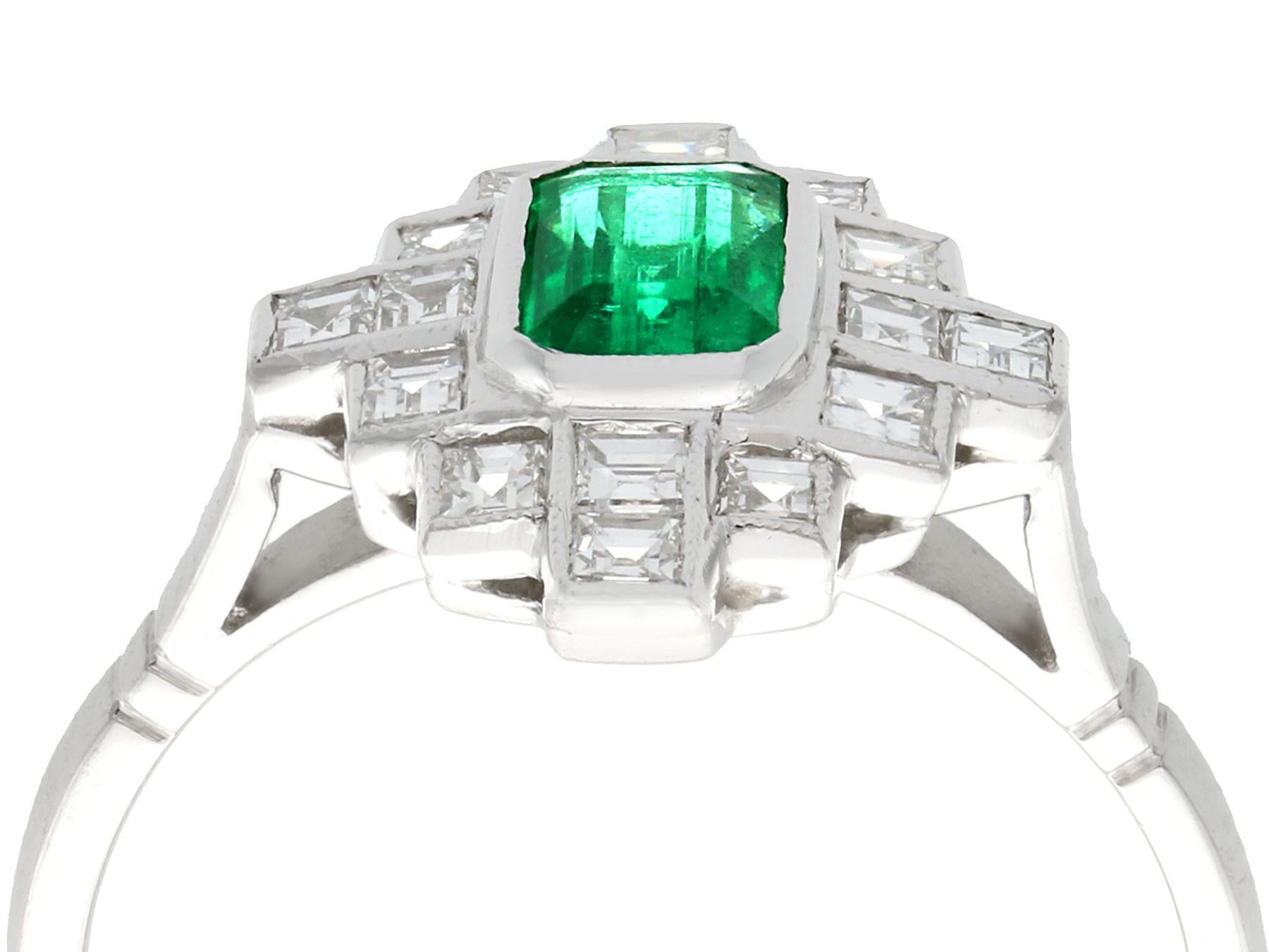 A fine and impressive vintage 1940s 0.59 carat emerald and 0.59 carat diamond, platinum Art Deco dress ring; part of our diverse gemstone jewelry collections.

This fine and impressive vintage emerald cut emerald and diamond ring has been crafted in