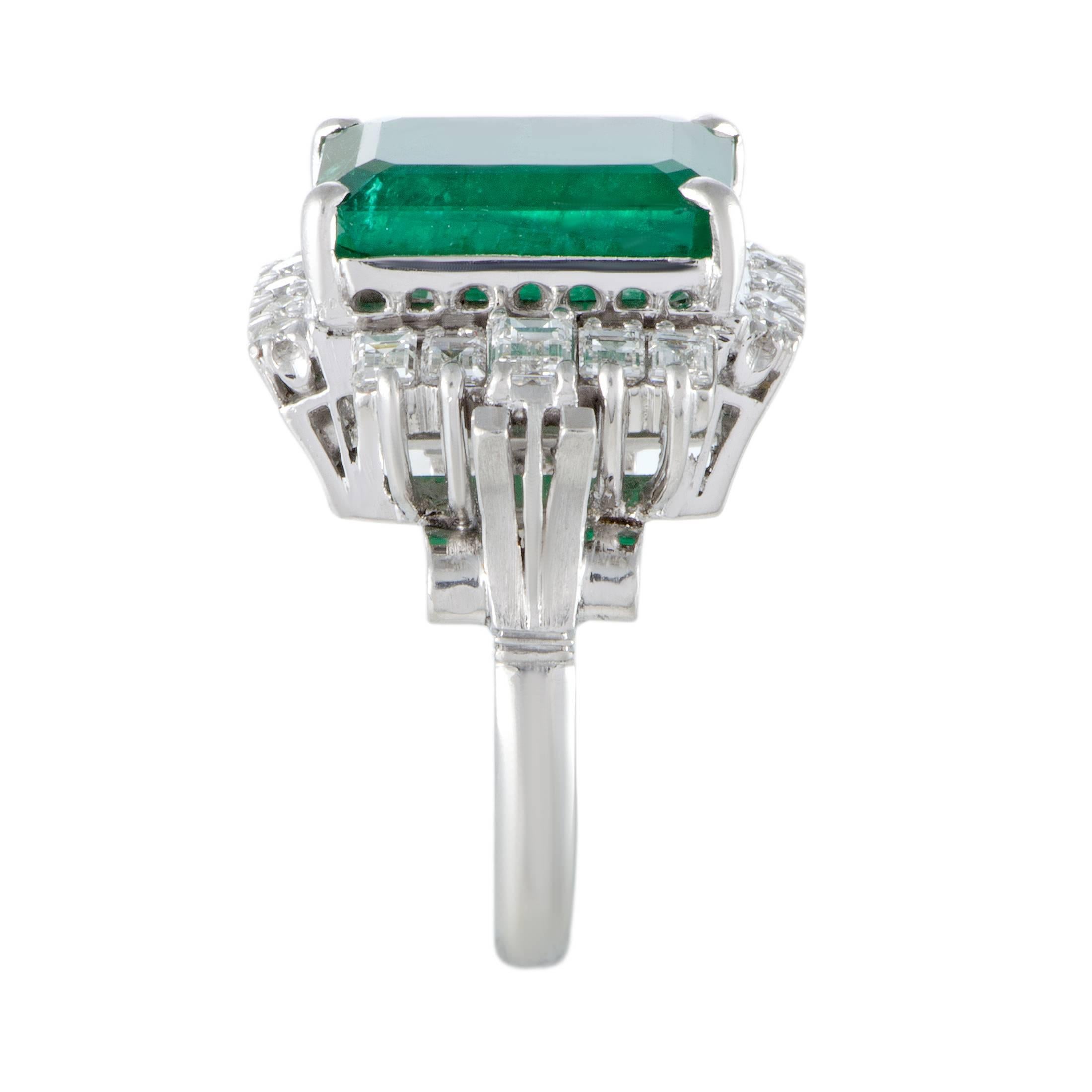 Emerald Cut Emerald and Diamond Platinum Cocktail Ring