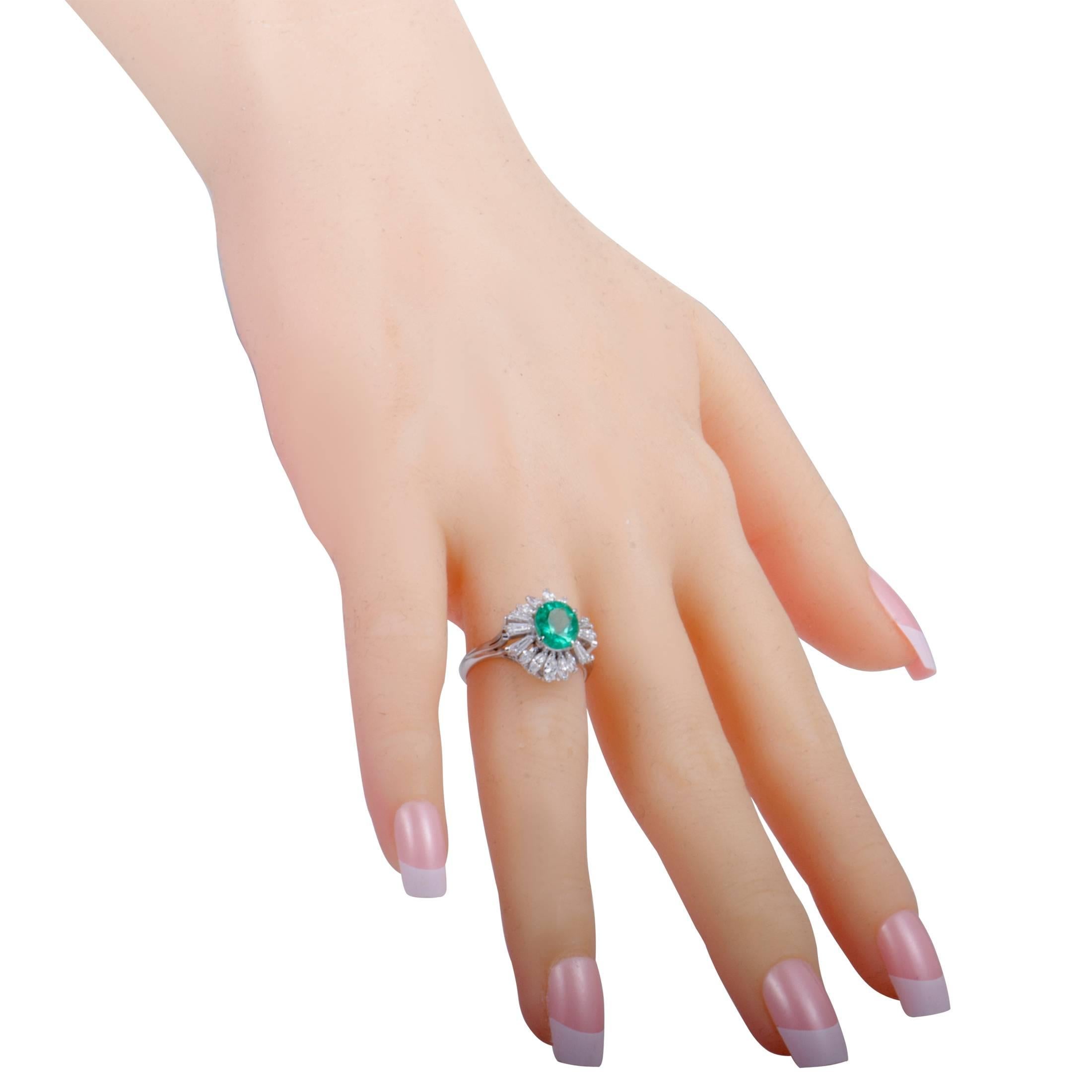 Emerald and Diamond Platinum Cocktail Ring In Excellent Condition In Southampton, PA