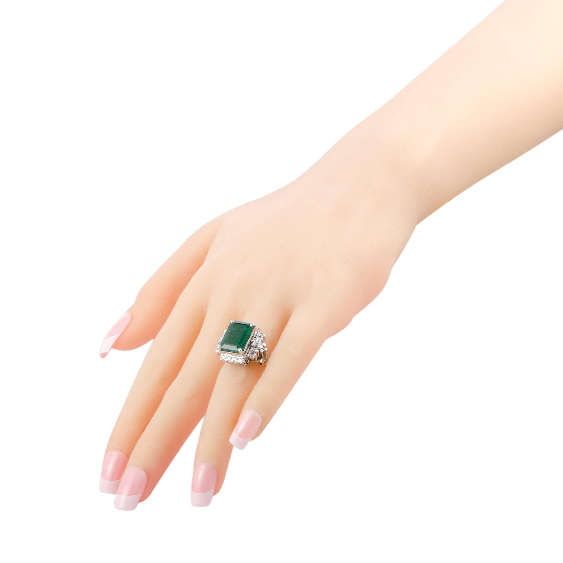 Emerald and Diamond Platinum Cocktail Ring In Excellent Condition In Southampton, PA