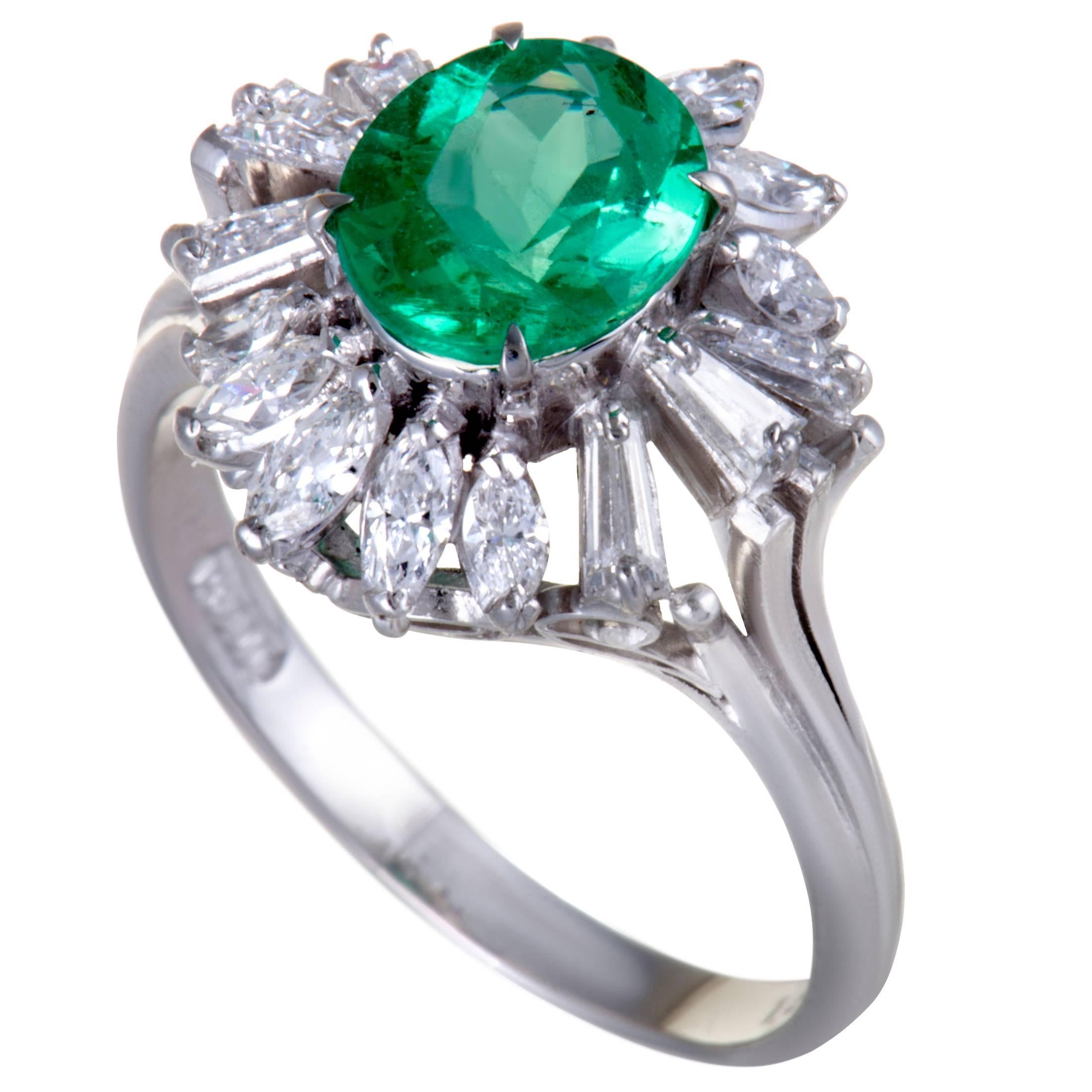 Emerald and Diamond Platinum Cocktail Ring