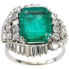 Vintage Emerald and Diamond Platinum Dress Ring, circa 1950