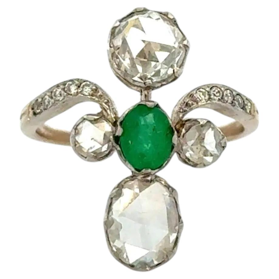 Emerald and Diamond Platinum on Gold Ring Fine Vintage Estate Jewelry