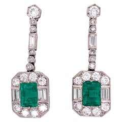 Emerald and Diamond Platinum Retro Drop Earrings Estate Fine Jewelry