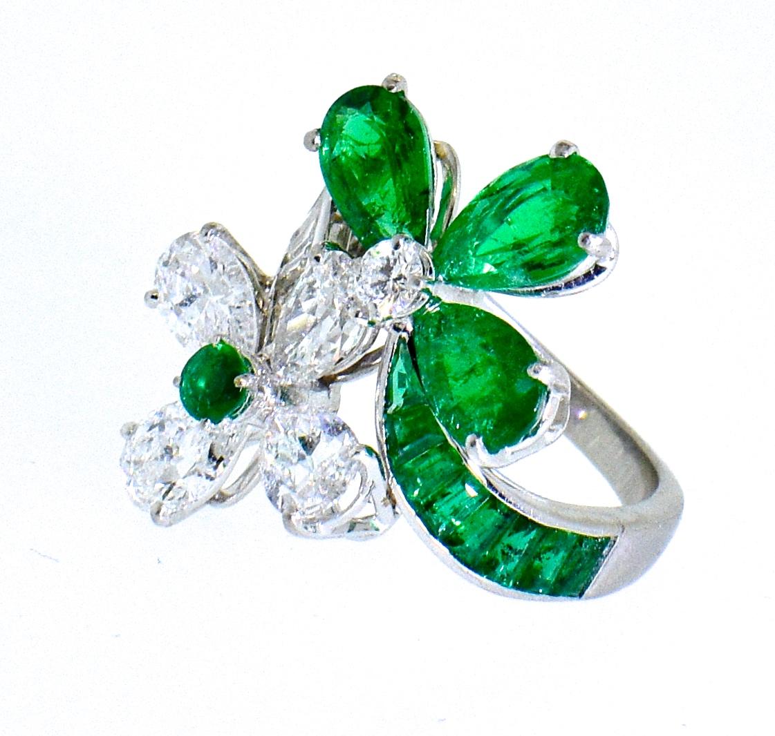 Contemporary Emerald and Diamond Platinum Ring
