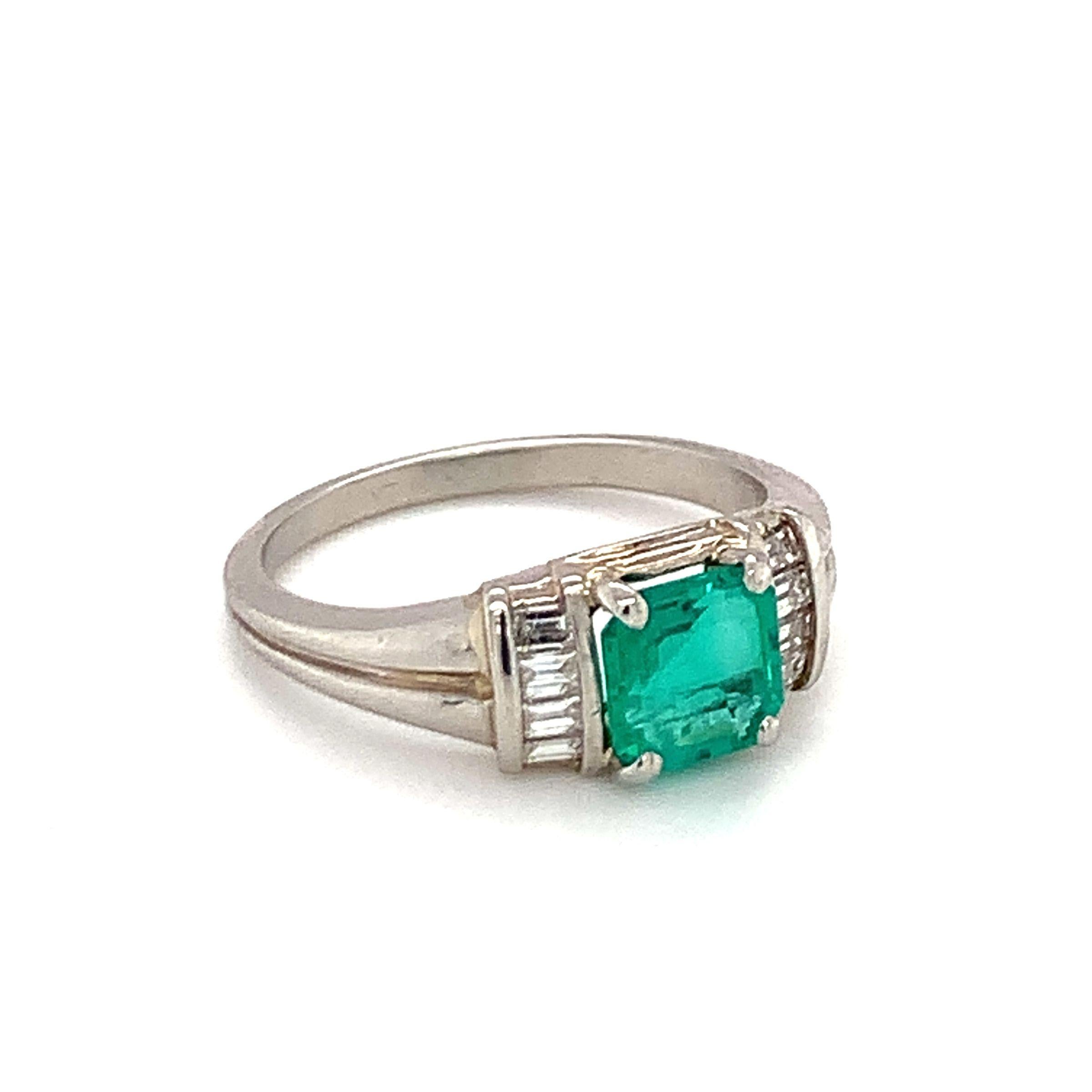 Emerald Cut Emerald and Diamond Platinum Ring For Sale