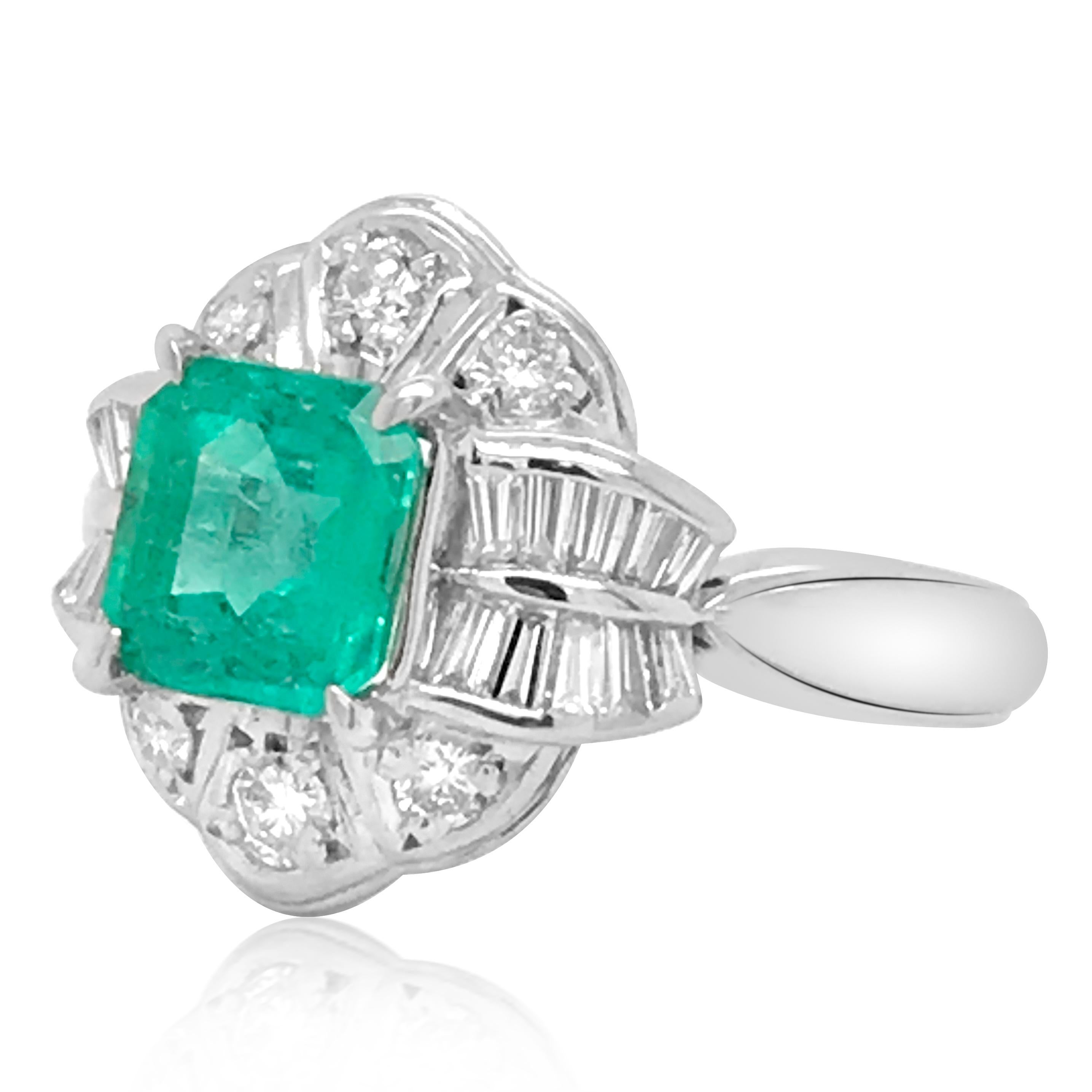 Cushion Cut Emerald and Diamond Platinum Ring