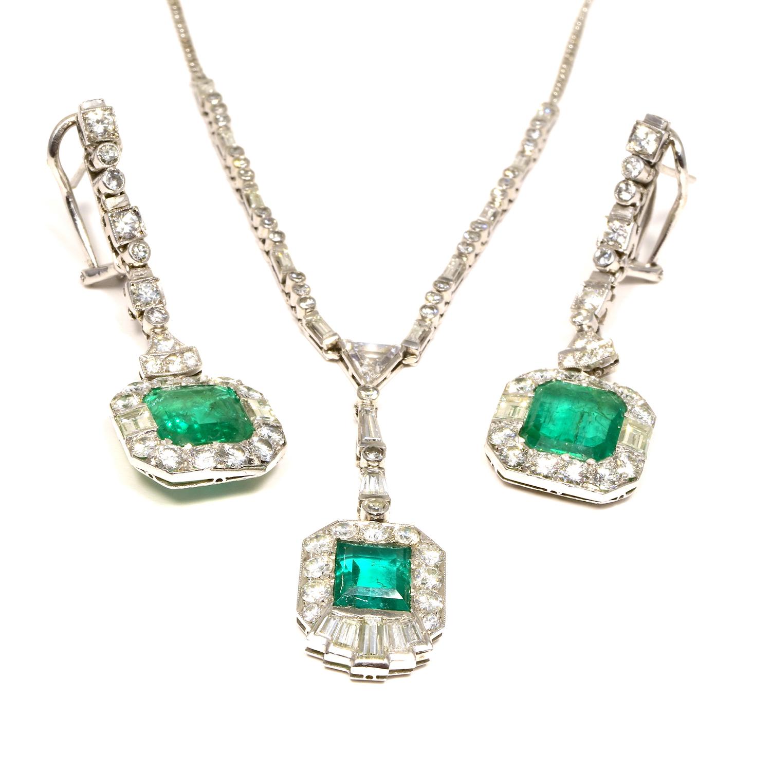 Style: Diamond and Emerald earring and necklace set 

Metal: Platinum

Metal Purity: 950

Necklace Stones: Diamonds, Emerald 

Necklace Weight: 12 grams 

Necklace length: 16 in

Earring  Stones: Diamonds, Emeralds 

Earring Emerald Carat Weight: 5