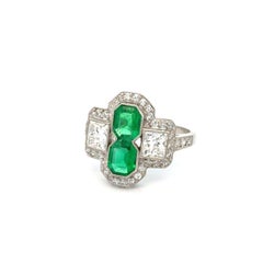 Emerald and Diamond Platinum Statement Ring Fine Vintage Estate Jewelry
