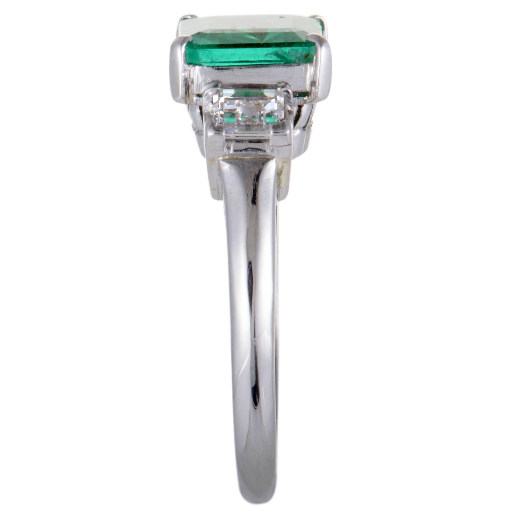 Princess Cut Emerald and Diamond Platinum Three-Stone Ring