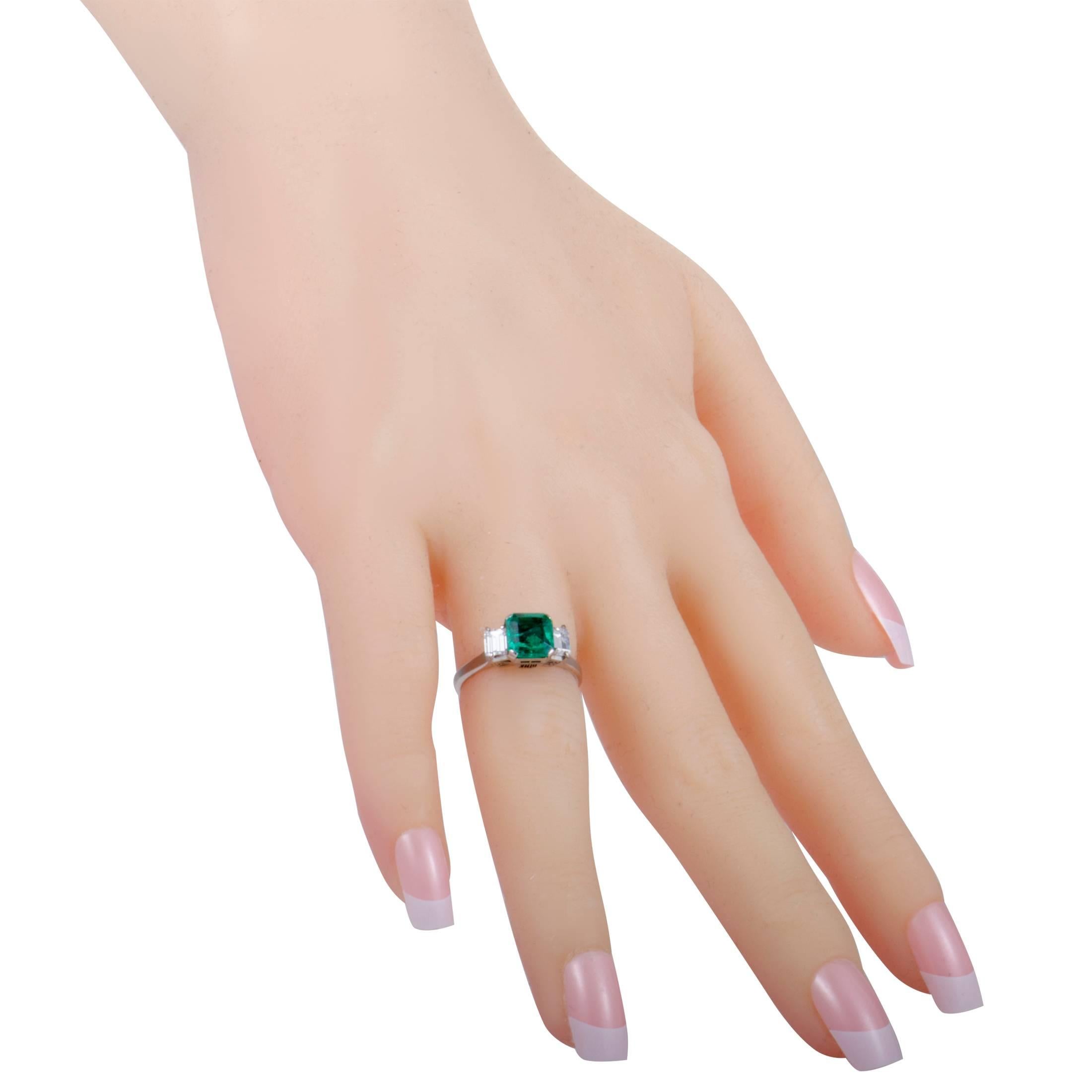Women's Emerald and Diamond Platinum Three-Stone Ring