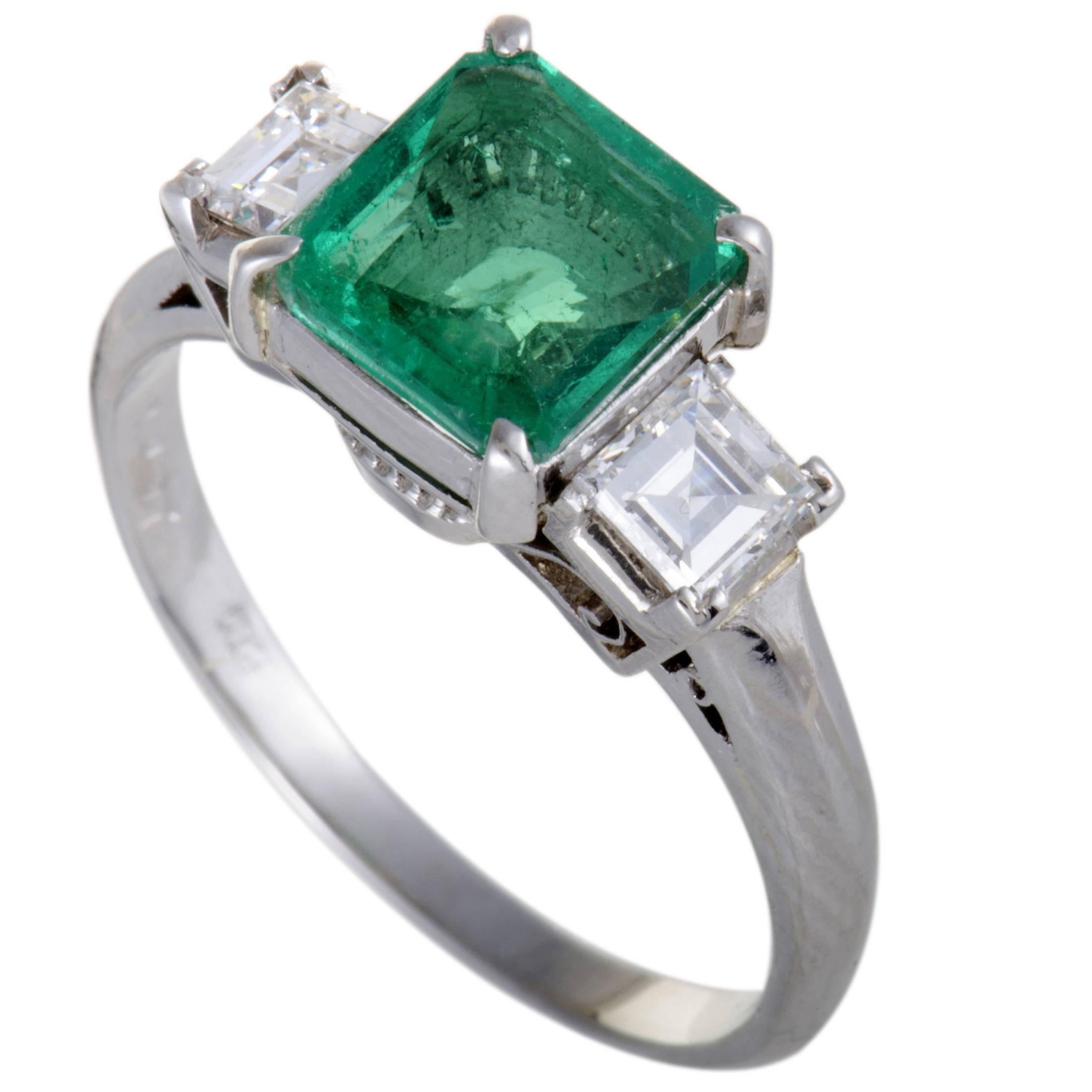 Emerald and Diamond Platinum Three-Stone Ring