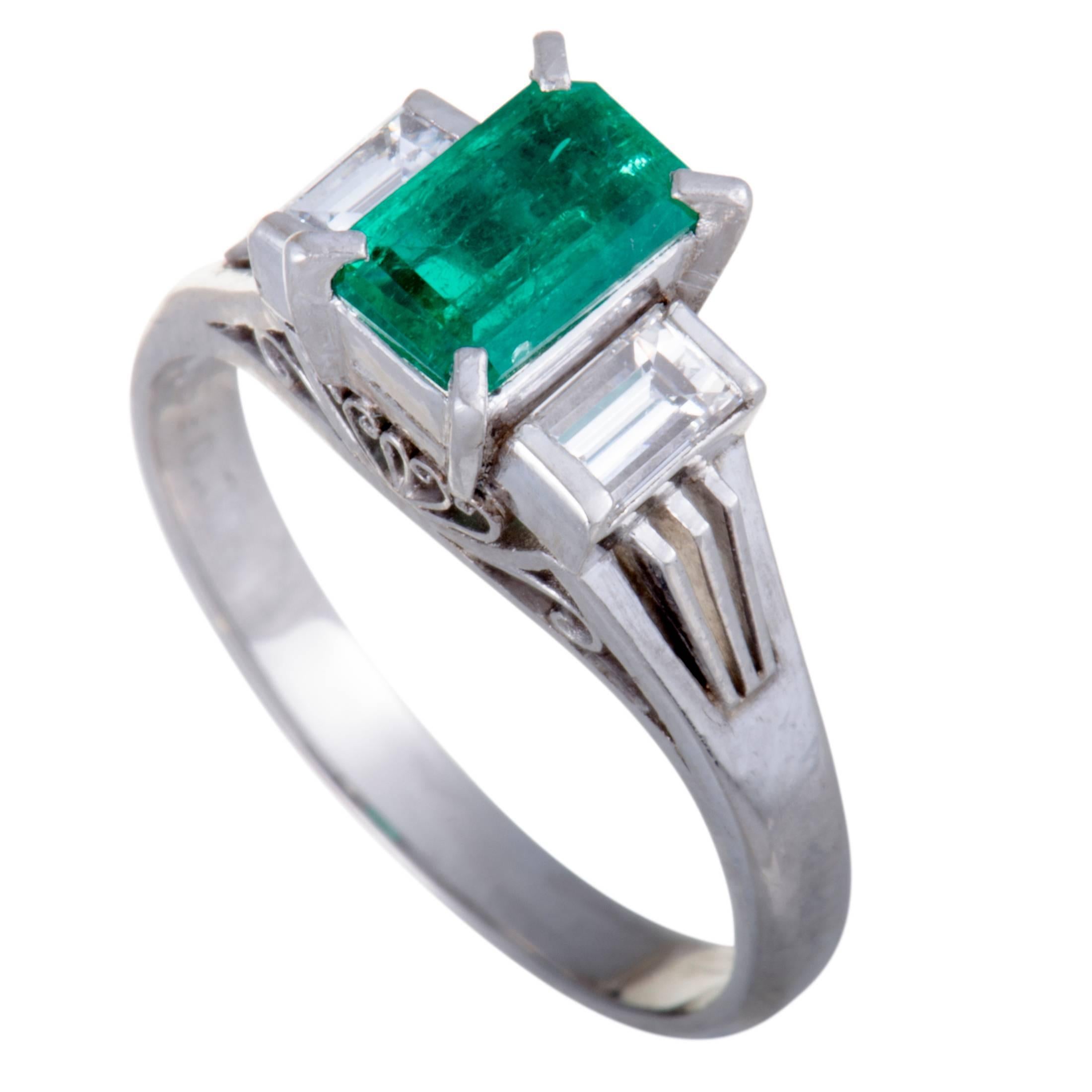 Emerald and Diamond Platinum Three-Stone Ring