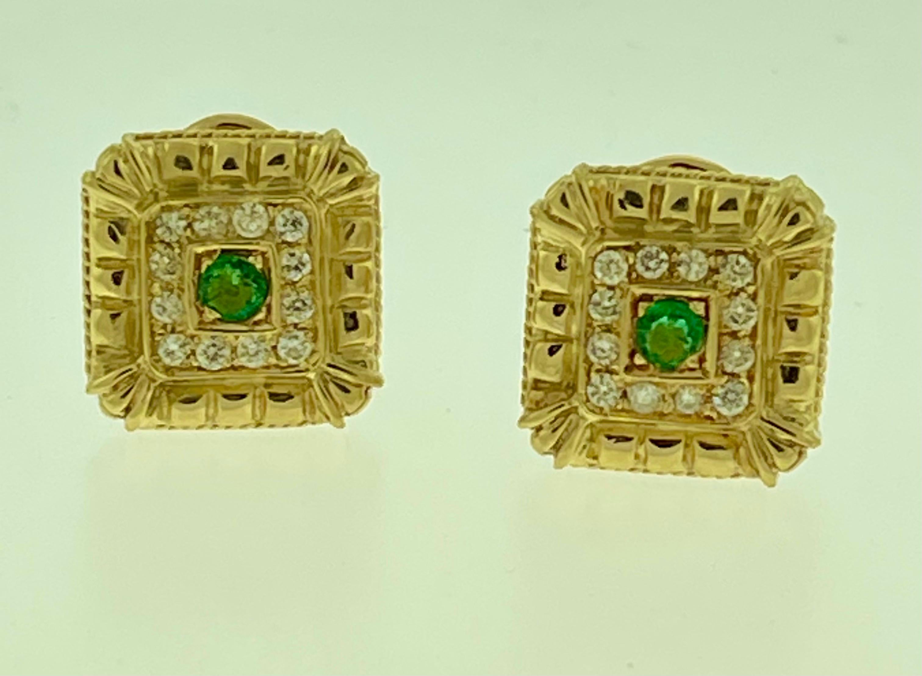 Emerald and Diamond Post and Omega Back Earrings 18 Karat Yellow Gold For Sale 2