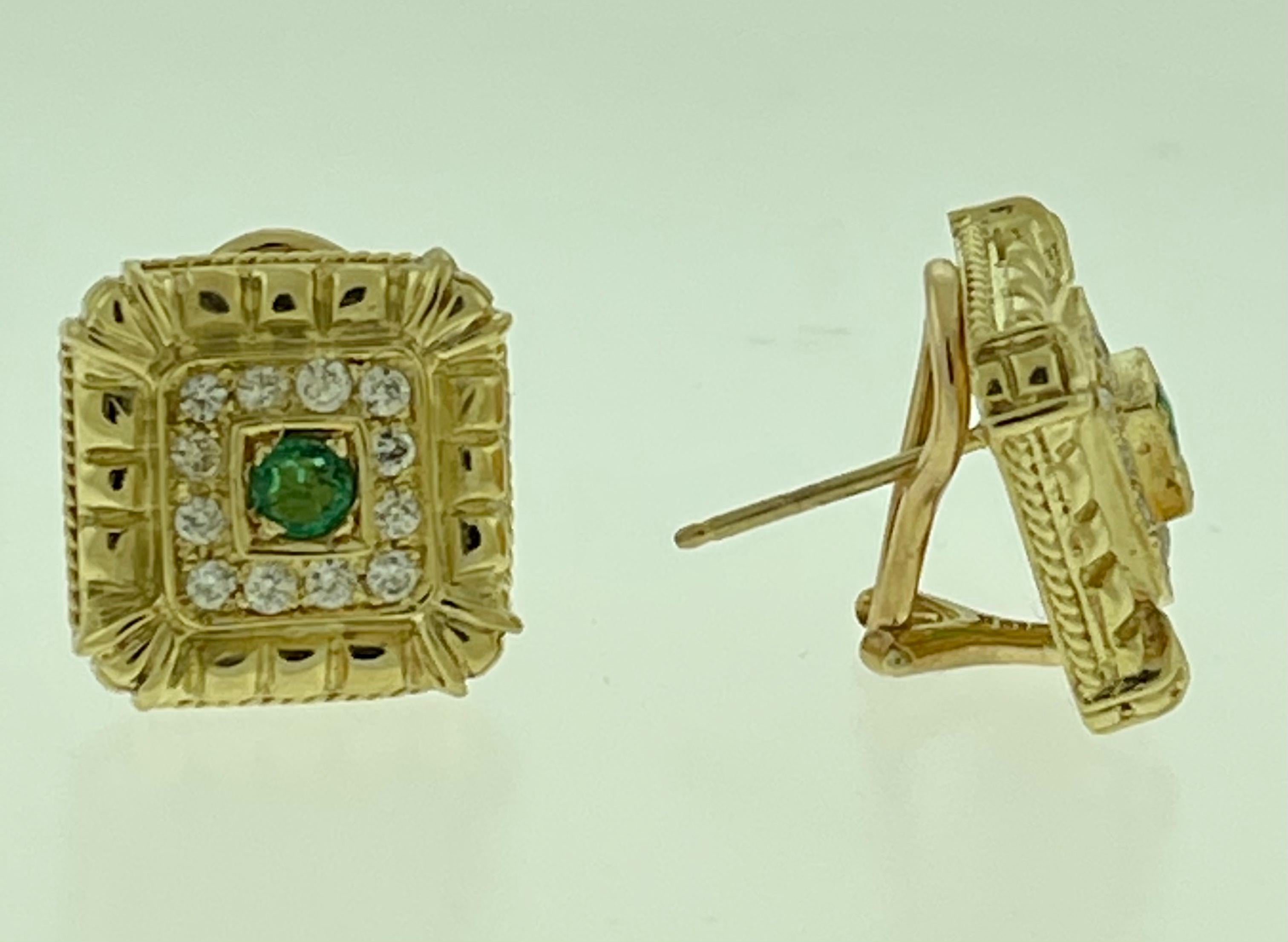 Emerald and Diamond Post and Omega Back Earrings 18 Karat Yellow Gold For Sale 3