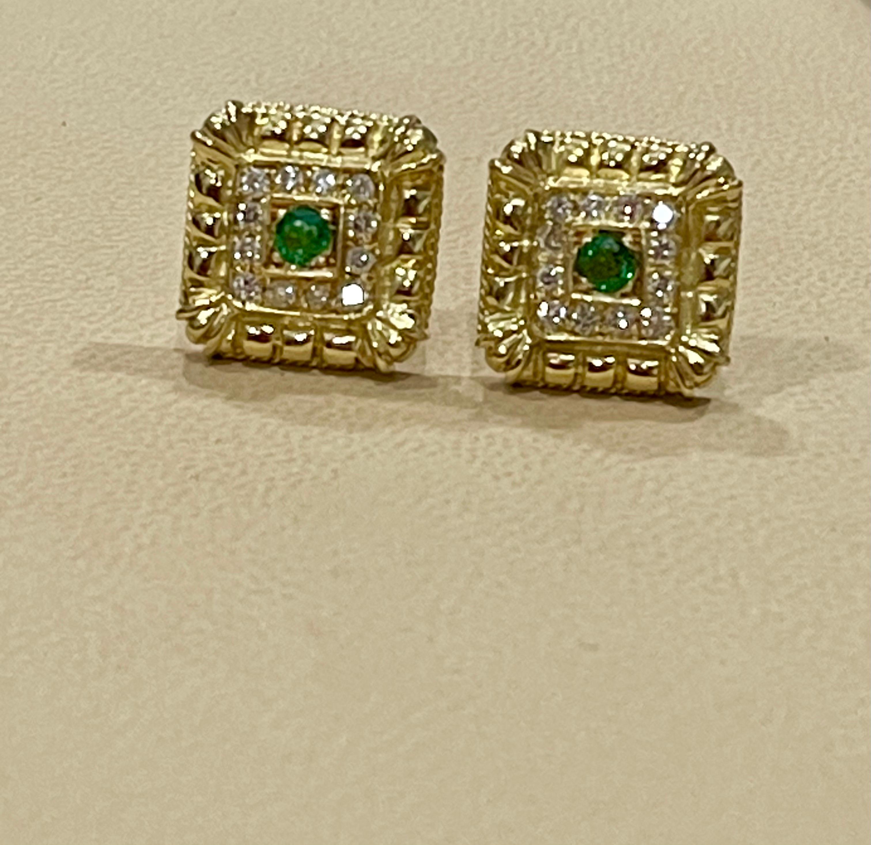 Emerald and Diamond Post and Omega Back Earrings 18 Karat Yellow Gold For Sale 4