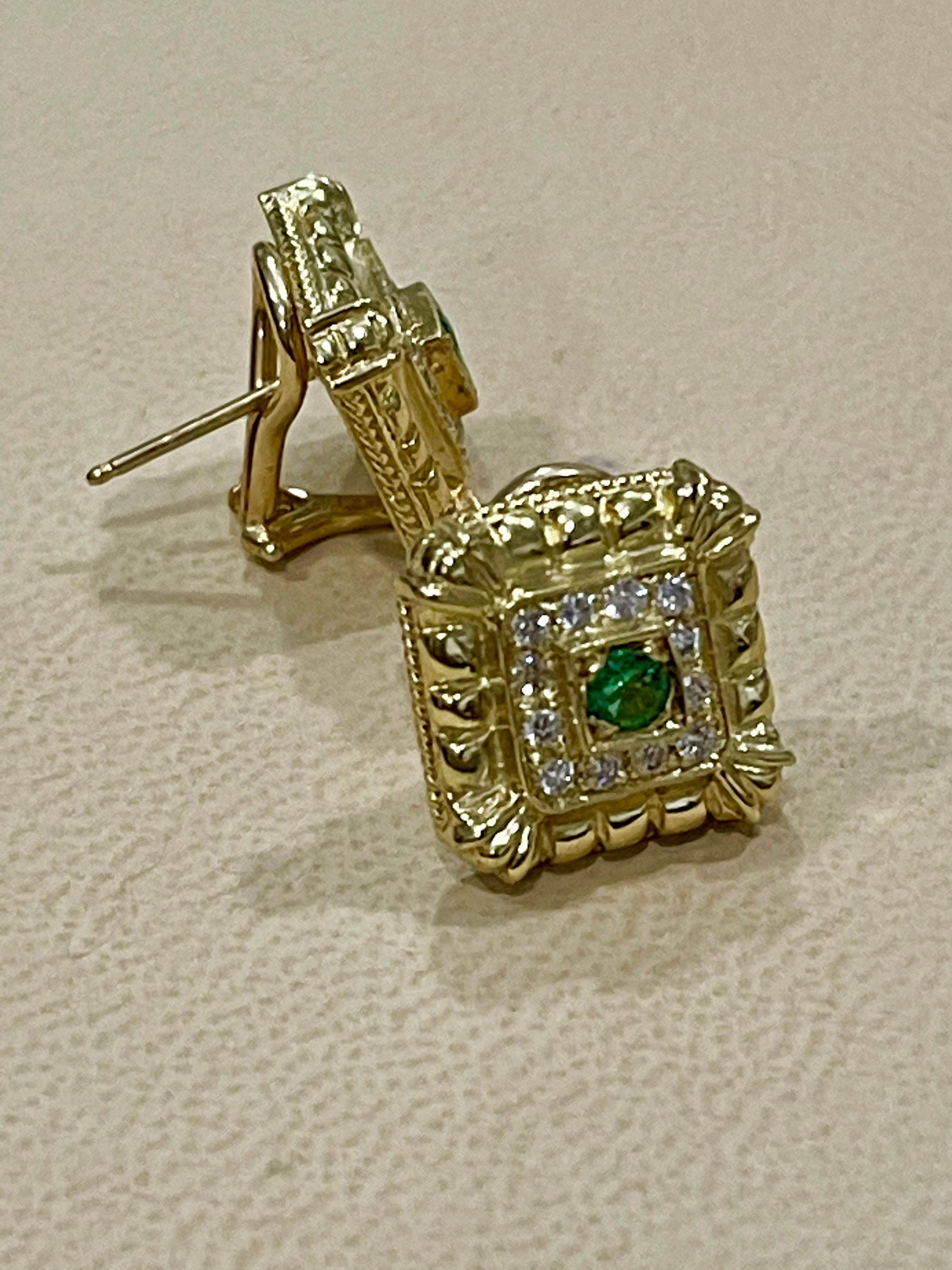 Emerald and Diamond Post and Omega Back Earrings 18 Karat Yellow Gold In Excellent Condition For Sale In New York, NY