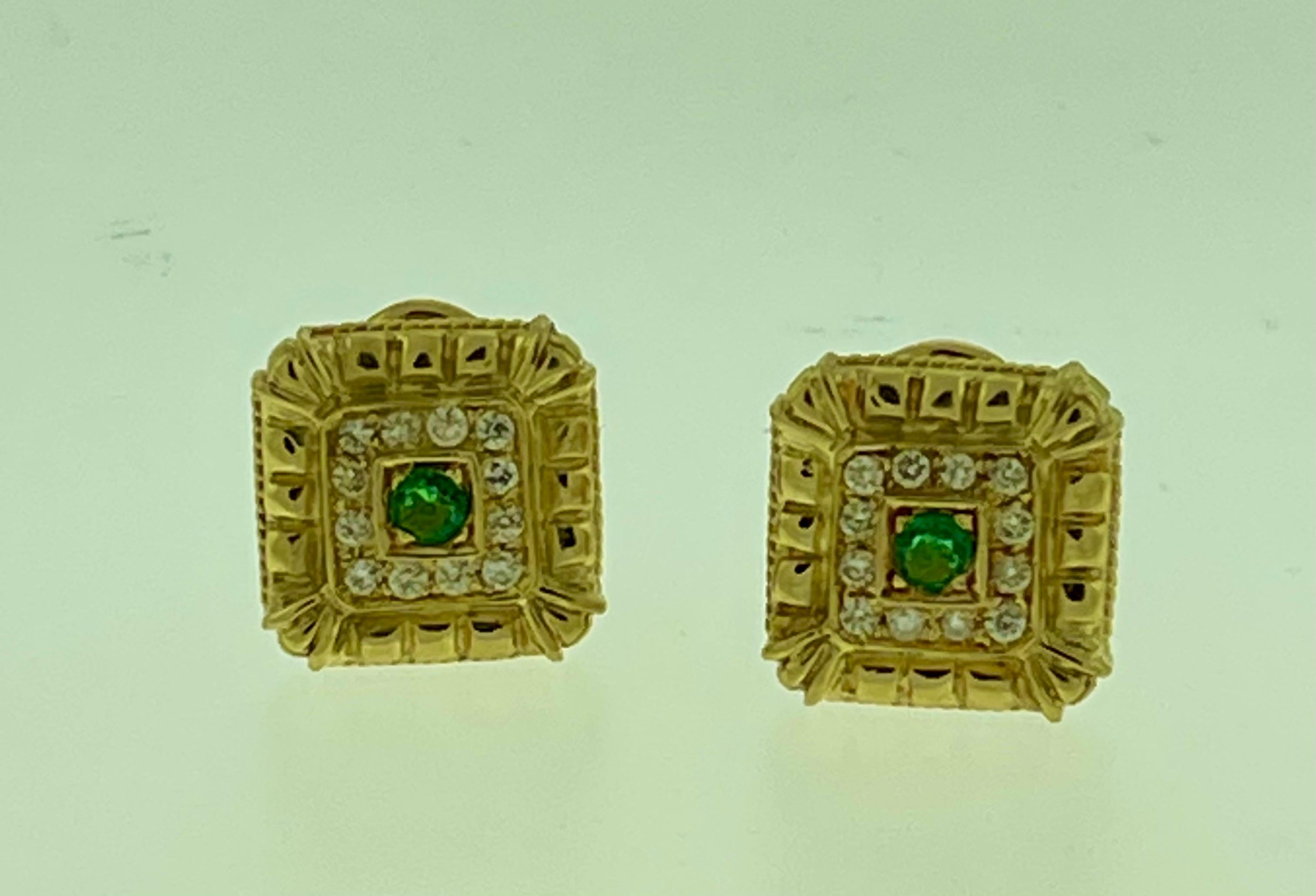Women's Emerald and Diamond Post and Omega Back Earrings 18 Karat Yellow Gold For Sale