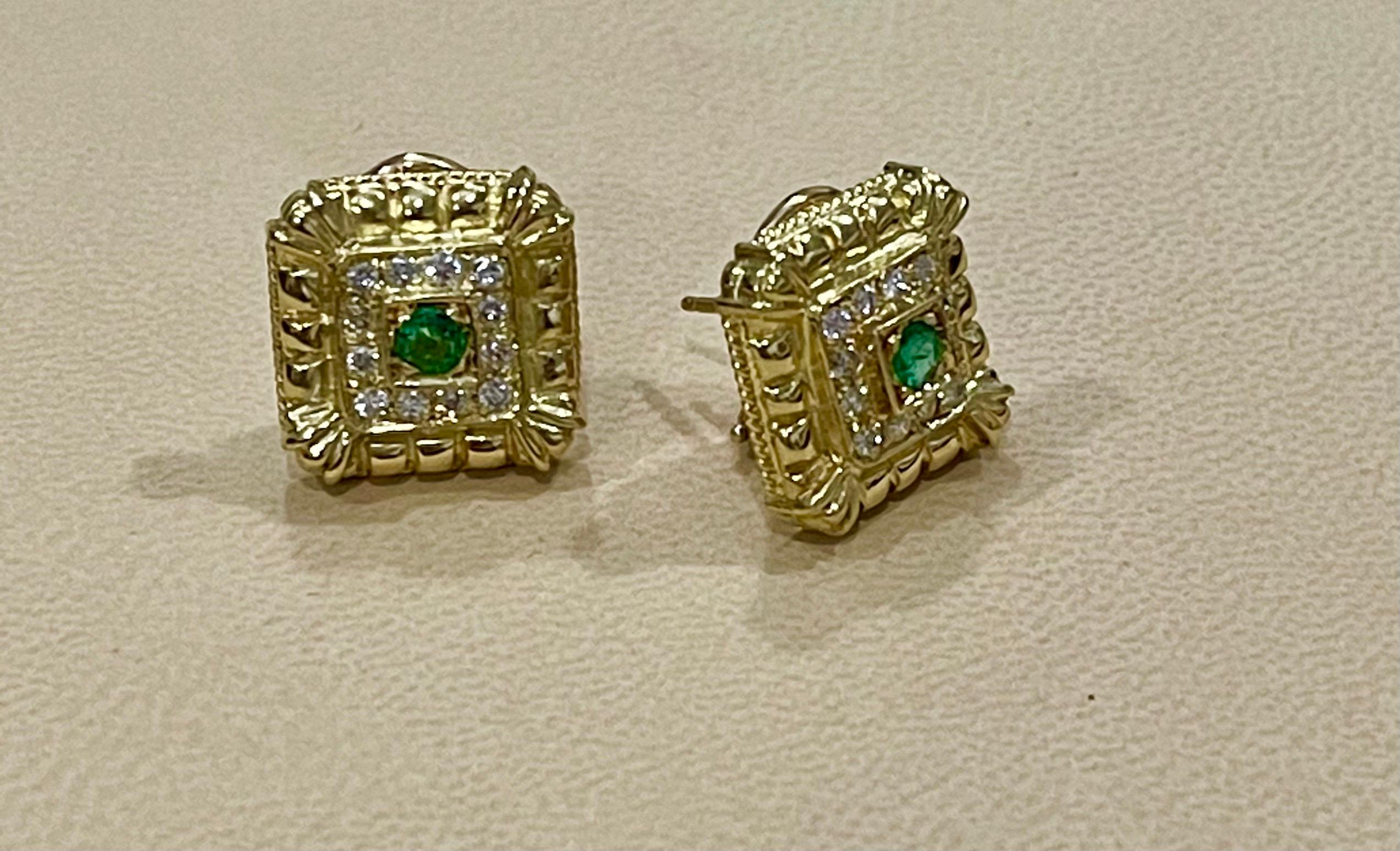 Emerald and Diamond Post and Omega Back Earrings 18 Karat Yellow Gold For Sale 1