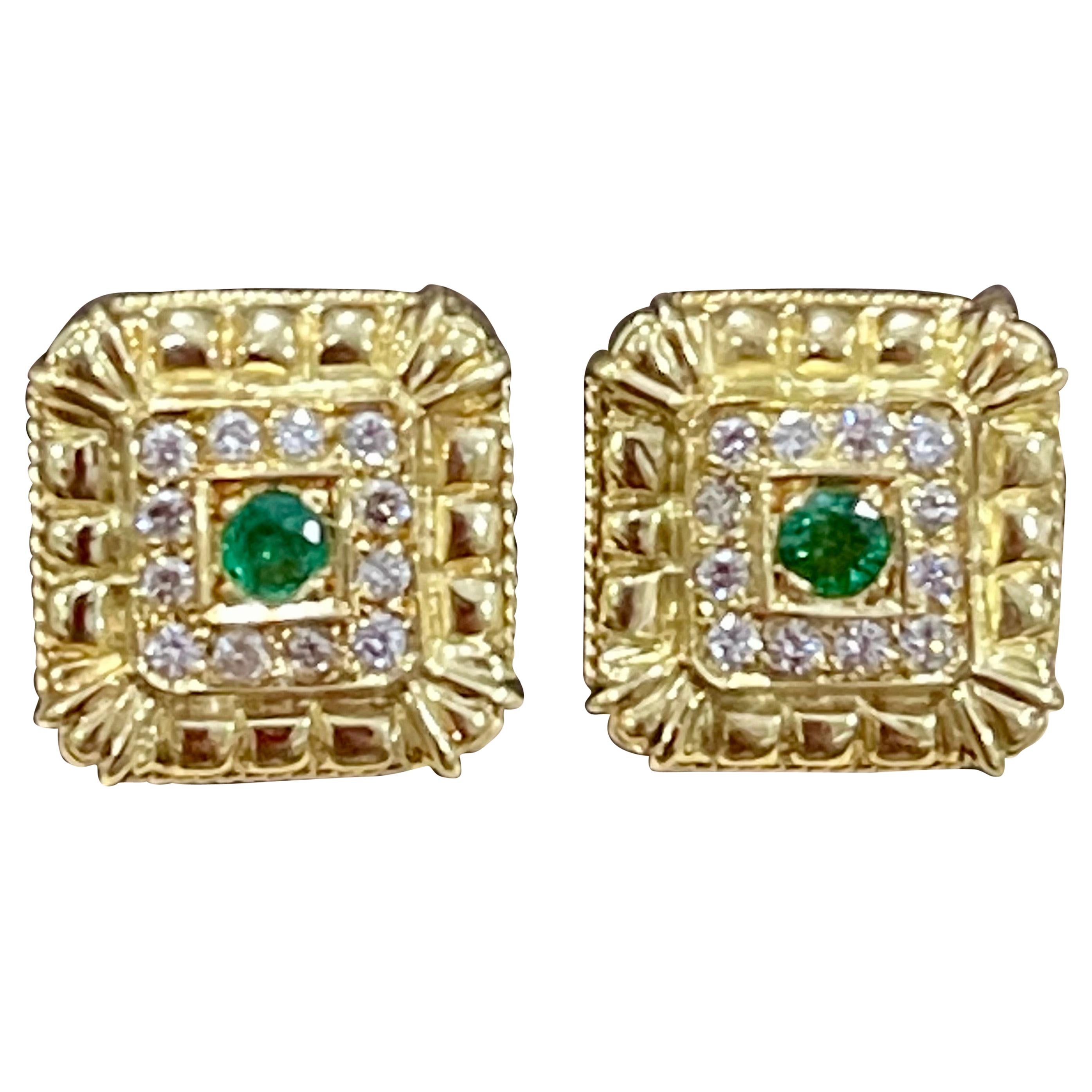 Emerald and Diamond Post and Omega Back Earrings 18 Karat Yellow Gold For Sale