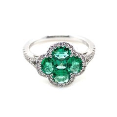 Emerald and Diamond Quatre Foil Cluster 18 Karat White Gold Engagement Ring