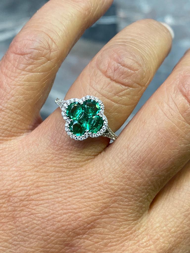 Modern Emerald and Diamond Quatre Foil Cluster 18 Karat White Gold Engagement Ring