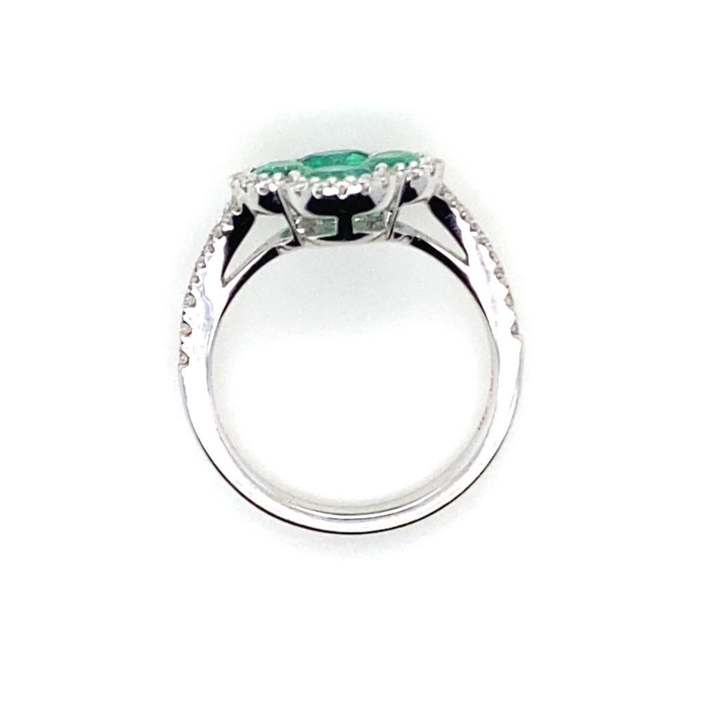 Emerald and Diamond Quatre Foil Cluster 18 Karat White Gold Engagement Ring For Sale 1