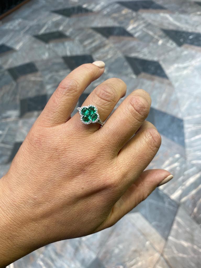 Emerald and Diamond Quatre Foil Cluster 18 Karat White Gold Engagement Ring 2