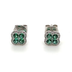 Emerald and Diamond Quatrefoil Cluster Earrings 18 Karat White Gold