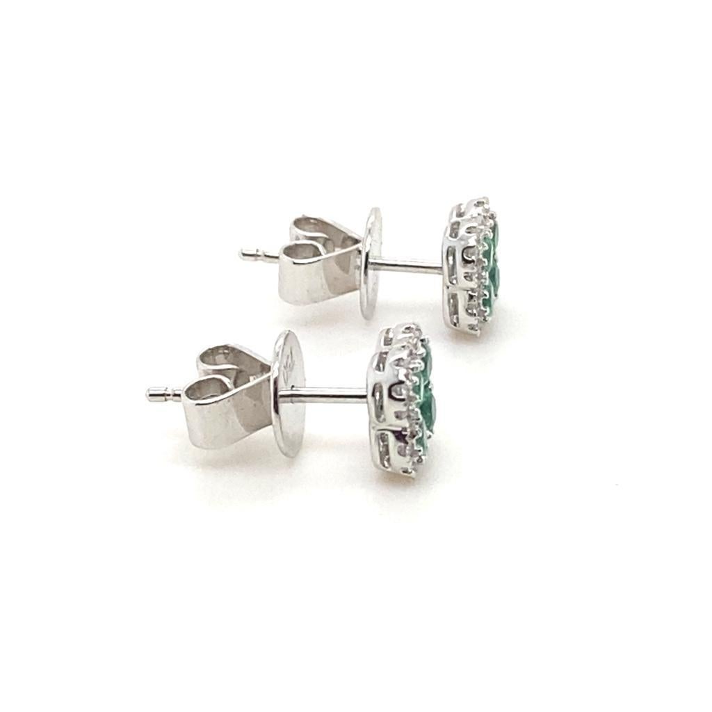 Round Cut Emerald and Diamond Quatrefoil Cluster Earrings 18 Karat White Gold For Sale